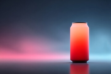 Vibrant drink can with red to orange gradient on sleek, dark surface and dreamy light