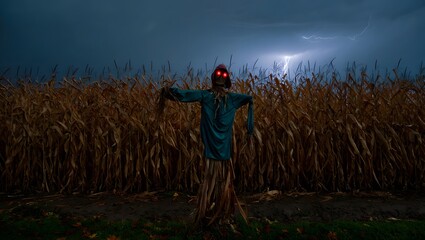 Halloween Scarecrow Cornfield Lightning Spooky Halloween Night Halloween