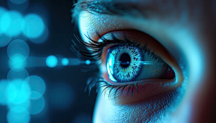 Macro shot of blue human iris with embedded digital interface, symbolizing AI vision.