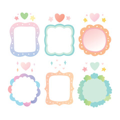 Collection of six charming watercolor frames with playful scalloped edges and decorative hearts and stars in soft pastel colors perfect for invitations or scrapbooking