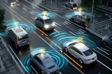 Vehicles equipped with advanced communication technology navigate an urban setting, exchanging data to optimize safety and traffic flow under clear skies