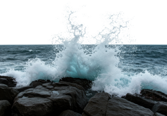 Waves crashing on rocky shoreline coastal location nature dynamic environment ocean concept. Cut out png
