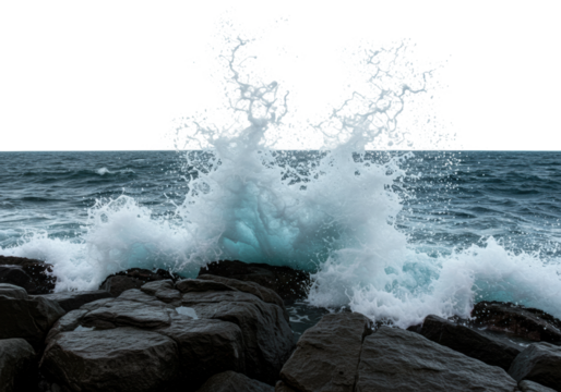 Waves crashing on rocky shoreline coastal location nature dynamic environment ocean concept. Cut out png