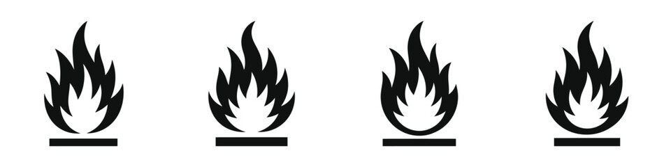 Set of black and white fire flame icons, burning fire symbols for safety signs, hazard warnings, energy, heat, and combustion vector illustrations for industrial and emergency use