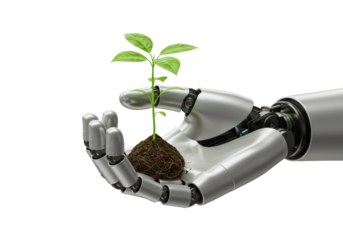 Robot hand nurturing plant seedling in futuristic setting sustainability concept. Cut out png