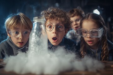 Four children observe a science experiment with amazement, as a bottle produces smoke. They wear glasses and exhibit expressions of wonder in a classroom setting