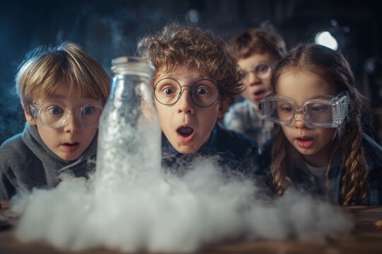 Four children observe a science experiment with amazement, as a bottle produces smoke. They wear glasses and exhibit expressions of wonder in a classroom setting - Powered by Adobe