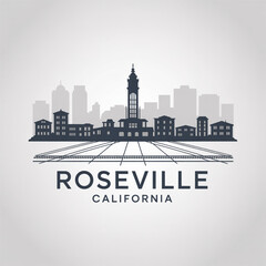 Obraz premium Roseville Skyline Silhouette — A Growing Railroad City in Northern California Vector Illustration
