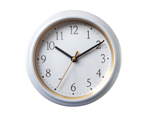 Closeup of a white analog clock face with black numbers and hands, isolated on transparent background