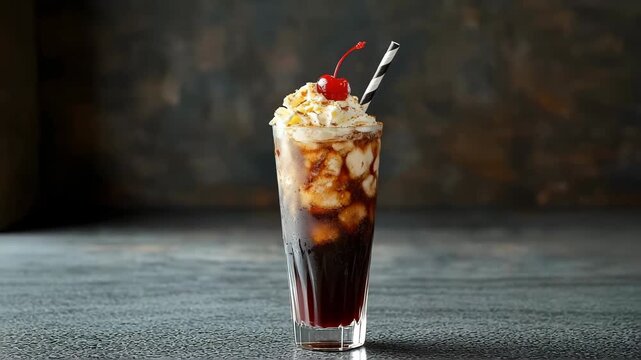 Tall glass of traditional soda float with ice cream, whipped cream, caramel drizzle, and a cherry on top, served on a modern countertop.
