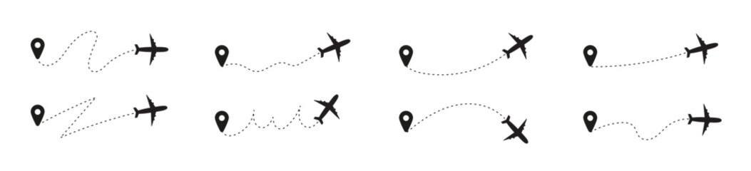 Travel flight dash line with plane icon and destination path. Flat vector illustration isolated on white background.