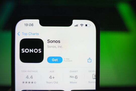 Roosendaal, The Netherlands - August 09, 2025: A smartphone displaying the logo of Sonos in the App Store.