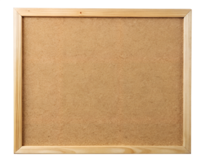 A rectangular corkboard with a wooden frame, isolated on a transparent background