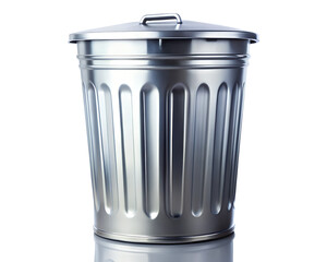 A shiny silver metal trash can with a lid, isolated on transparent background