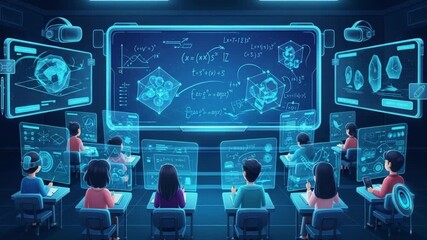 Futuristic classroom with students learning math through vr headsets and digital displays - Powered by Adobe
