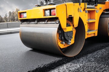 A yellow road roller operates on a freshly laid asphalt surface, compressing it effectively. Construction workers nearby manage traffic around the site while ensuring safety during the process