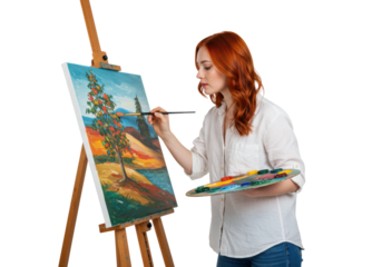 Artistic painting process by a female artist in a studio setting capturing creativity and colorful landscapes. Cut out png