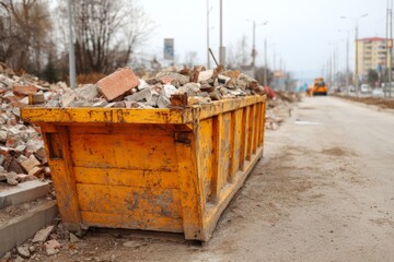 A yellow dumpster is filled with construction debris including bricks and concrete on a city street. Surrounding rubble and machinery indicate ongoing construction work. Overcast skies loom above