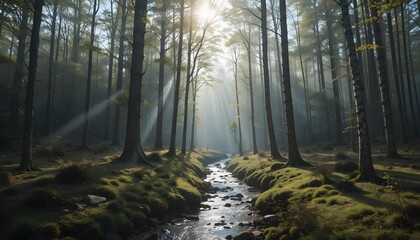 Fototapeta premium Sunlight Streaming Through Forest Trees with Peaceful Creek