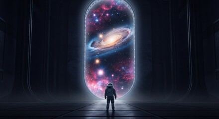 Astronaut gazes into cosmic portal revealing galaxy within futuristic chamber