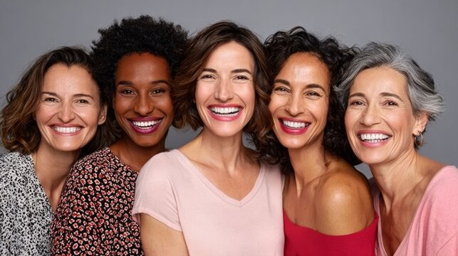 A group of women are smiling and posing for a photo. The women are of different ages and races, and they are all wearing pink shirts. Scene is happy and friendly, as the women are all smiling