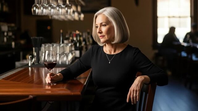 An elegant and pensive senior woman with white hair sits alone at a bar drinking a glass of red wine looking sad and lonely in the evening