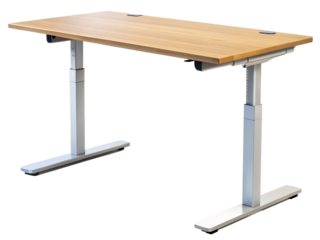 Adjustable height wooden office desk isolated on transparent background