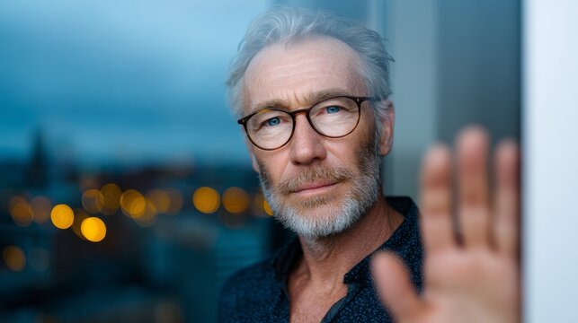 A man with glasses is looking out a window. He is wearing a black shirt and he is in a contemplative mood