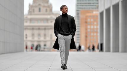 A man wearing a black coat and gray pants walks down a city street. Concept of urban life and the man's casual yet stylish appearance