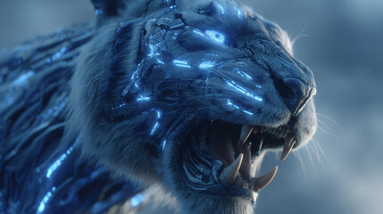 A fierce blue cybernetic tiger with glowing neon stripes roars with electric energy in a stormy futuristic world. Its biomechanical body and piercing glowing eyes gleam under cinematic lighting, creat