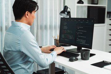Smart IT developer looking at coding program application on computer screen of online website, analyzing intelligent database system development on business world market at modern office. Infobahn.