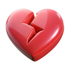 Stylized Glossy Plastic 3D Fractured Heart Icon Expressing Heartbreak or Loss on Transparent Background