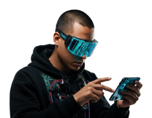 Futuristic technology experience virtual reality user engaging with mobile device in a modern environment. Cut out png