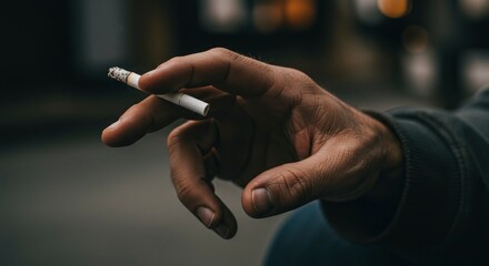 A closeup of a hand holding a lit cigarette showing ash and the cigarettes white filter