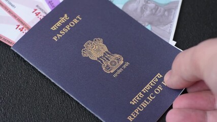 Indian passport and tickets for travelling, flying and doing business. India document, id for crossing the border