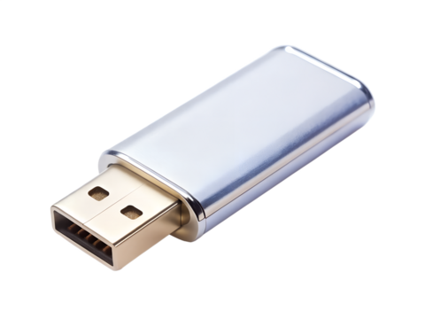 Silver usb flash drive memory stick for data storage isolated on transparent background