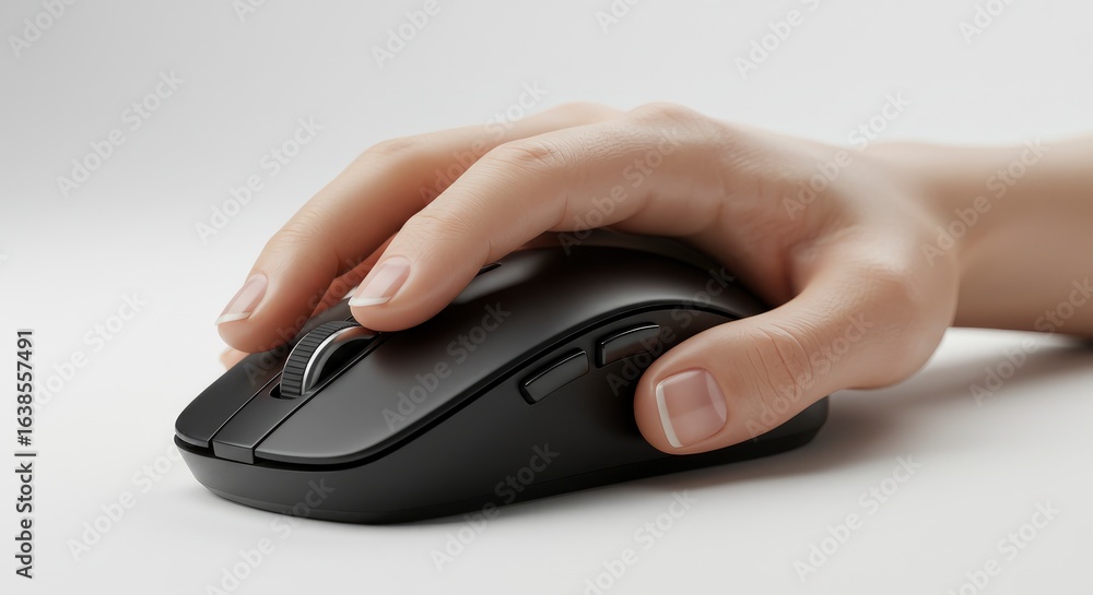 Fototapete a hand operates a black computer mouse on a white surface emphasizing ergonomics and user interface