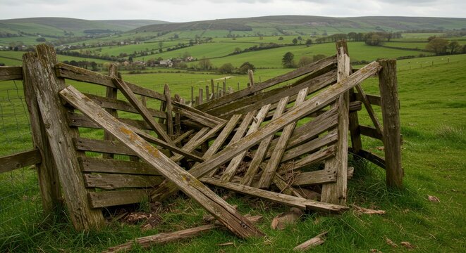 A dilapidated wooden gate lies in disarray in a lush green field with rolling hills in the background under an overcast sky
