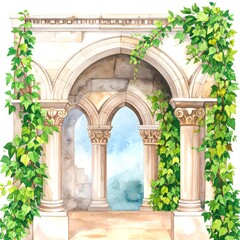 Watercolor architectural vignette, evoking timeless beauty and peaceful contemplation in nature