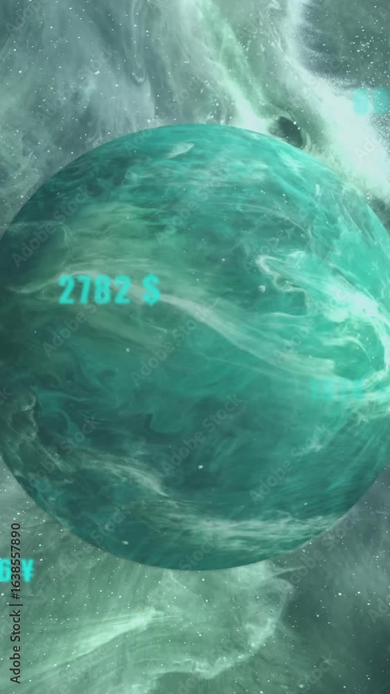 Poster animation of numbers and data processing over globe on dark background