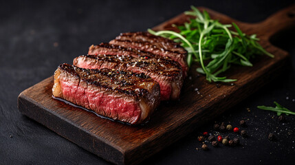 Close-up of a juicy ribeye steak, perfectly seared to golden-brown perfection and sliced to reveal its tender, succulent interior. Resting on a rustic wooden board, garnished with aromatic spices. Cap