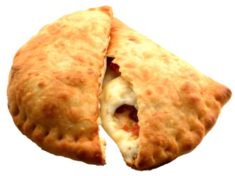 Golden panzerotti oozing cheese isolated on a transparent background