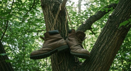 Brown leather boots hang from a tree branch by worn brown ropes amidst green foliage