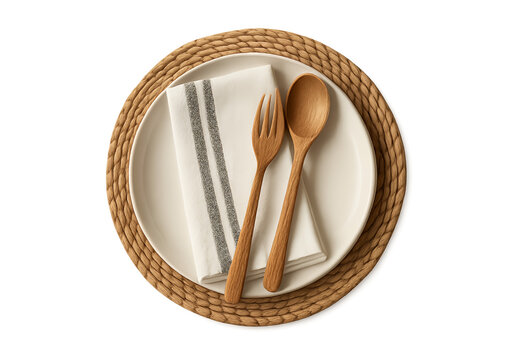 A rustic woven placemat holds a white plate with a folded cloth napkin and two wooden spoons creating a simple and elegant table setting isolated on transparent background