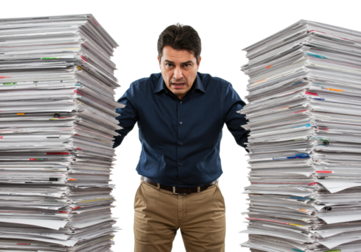 Overwhelmed professional dealing with paperwork chaos in office environment perspective. Cut out png