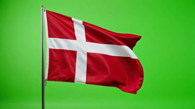 Danish flag waving proudly on a flagpole against a vibrant green screen background, symbolizing national pride and freedom.