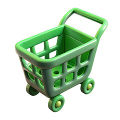 Playful Green-Toned Plastic 3D Shopping Cart with Minimal Wireframe Structure on Transparent Background