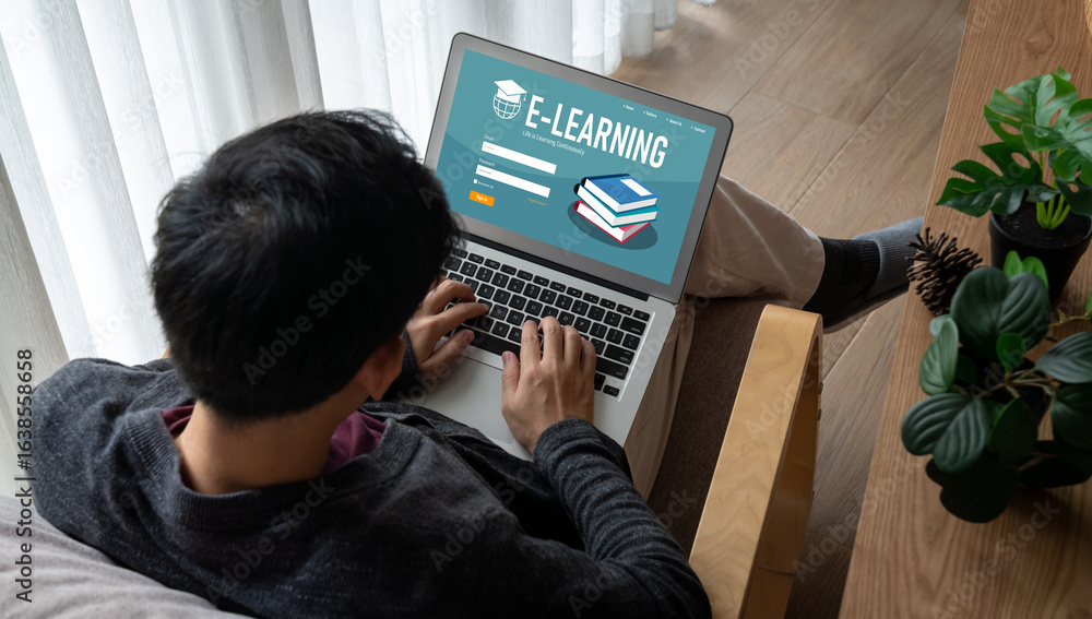 Poster e-learning website with modish sofware for student to study online on the internet network