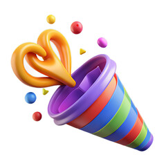 Vibrant Glossy Plastic 3D Party Popper with Spiraling Confetti and Heart Icon on Transparent Background