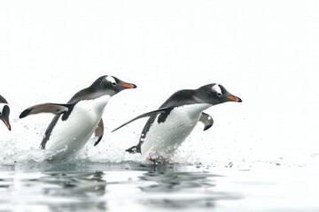 Fototapeta premium Penguins in mid-dive plunging into water with dynamic motion